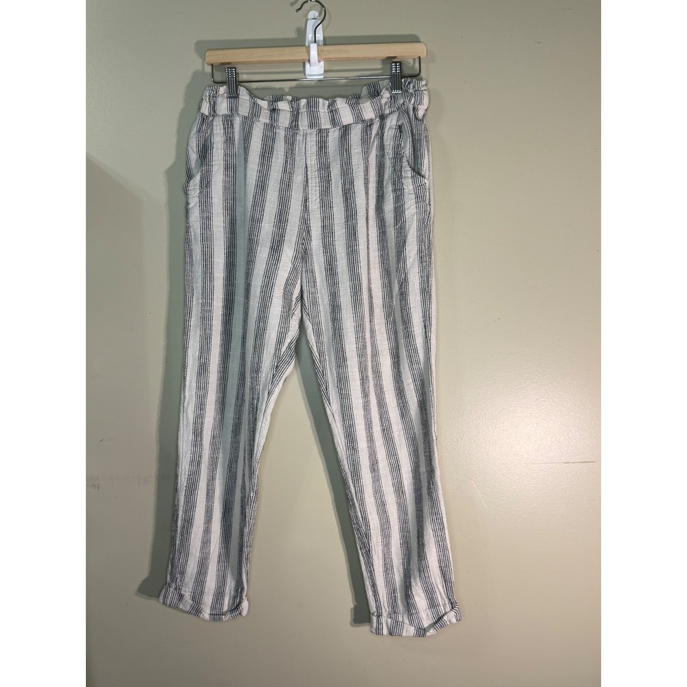 Rip Curl Striped Paperbag Waist Linen Blend Pants Cream Grey Medium